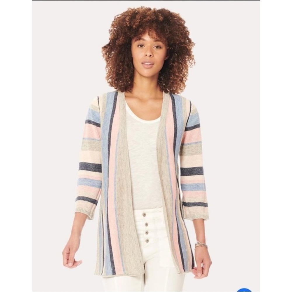 Ecru Women's Striped Cardigan in Blue, Pink, and Cream Small Linen